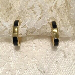 Vintage Napier Gold Tone Black Enamel Hoop Clip On Screw back Earrings